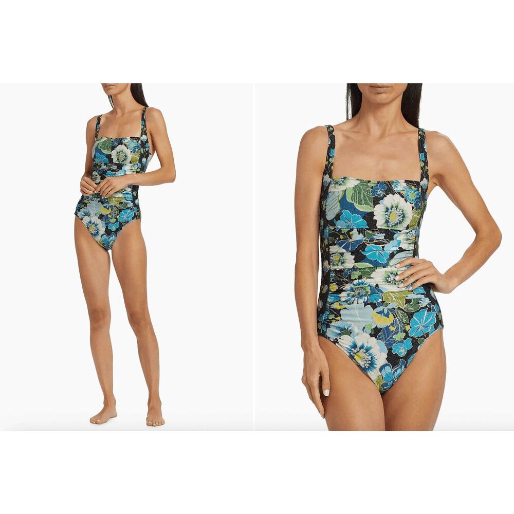Johnny Was Floral Square-Neck One-Piece in Blue, Green and Yellow XL